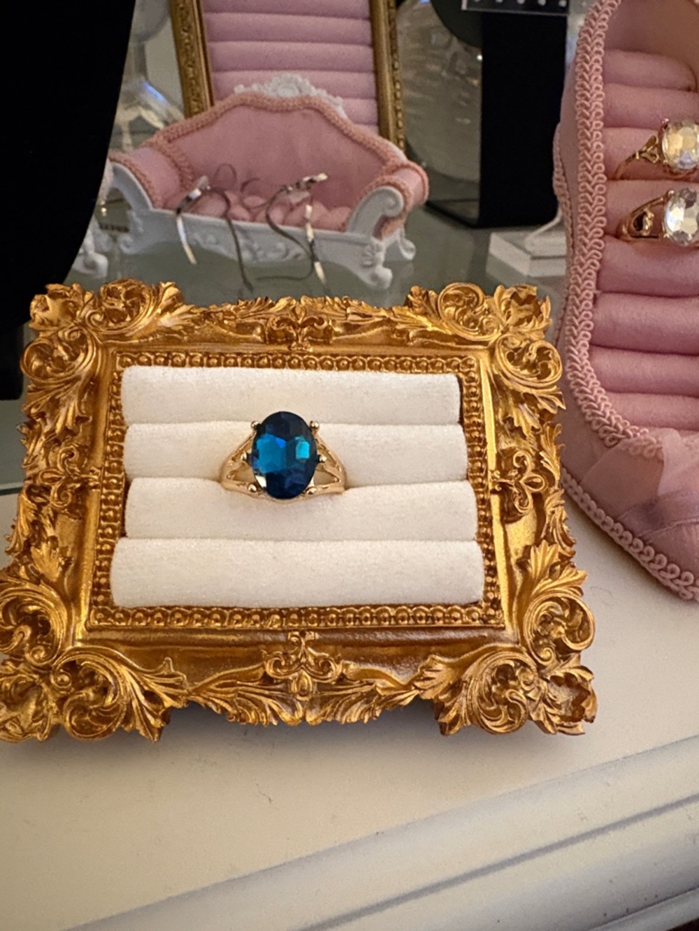 Classic Blue Oval Gemstone Ring in Golden layer. 8 1/2